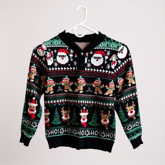 Girls Christmas Sweater Size 10T Black Knit Santa Reindeer Pullover Holiday - Picture 2 of 9
